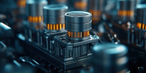 Gear for heavy-duty use. Futuristic close-up of a complex microchip with intricate components and metallic textures.