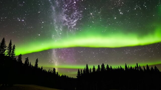 Northern lights dancing over the forest
