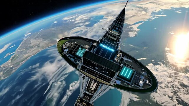 Space station orbits blue planet with shining ring panels; space station conducts global research, space station showcases advanced exploration. Space-tech concept