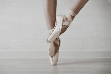 Close-up of adult female ballerinas feet in pink pointe shoes. Performing en pointe against white brick wall, wooden floor, natural lighting, showcasing grace and strength