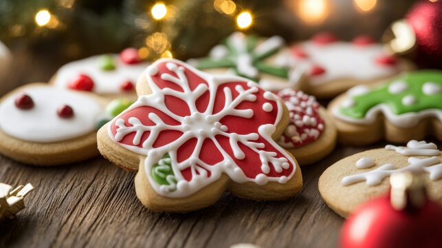 Festive Christmas cookies decorated with icing.