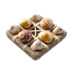 wide angle image of a floating tic-tac-toe game with sea shell markers, isolated on white background, no shadows