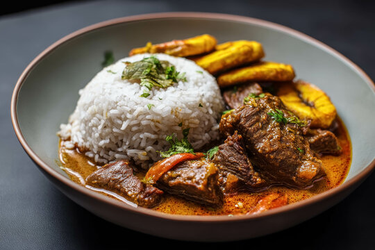 Delicious African Beef Mafe Stew Served With Rice and Fried Plantains in a Vibrant Setting