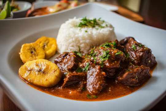 Delicious African Beef Mafe Stew Served With Rice and Plantains for a Hearty Meal