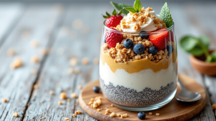 A glass jar filled with a creamy yogurt-like dessert topped with granola, fresh berries, and chia seeds, set on a rustic wooden surface.