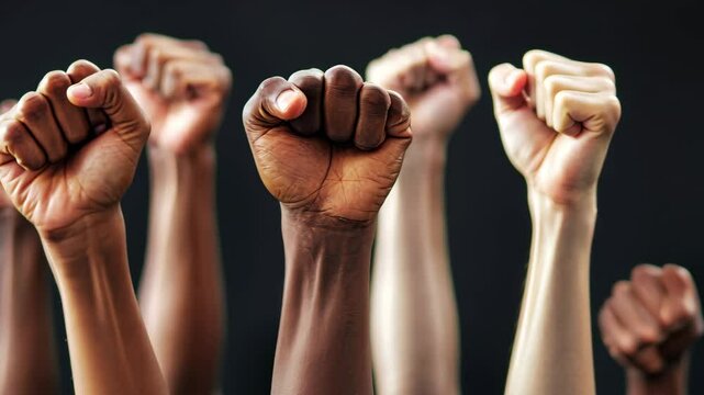 Raising black fists in solidarity for equality during a peaceful protest advocating for social justice in a united gathering