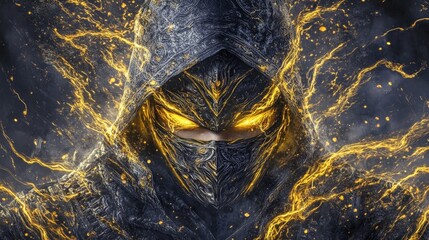 Mysterious figure with glowing eyes radiating intense energy and golden sparks