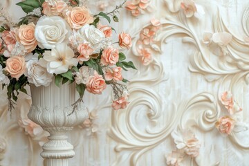Elegant floral arrangement in a decorative vase against a textured wall with soft tones