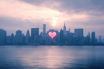 Obraz premium Sunset over city skyline with glowing heart shape in New York City