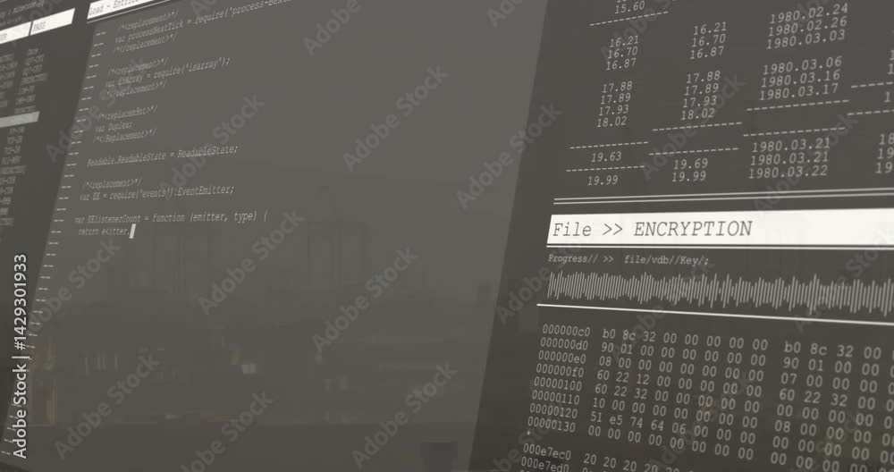 Poster screen content being visualized in flat design, showing code editor and encryption dashboard