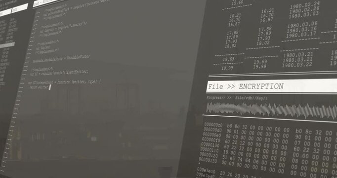 Screen content being visualized in flat design, showing code editor and encryption dashboard