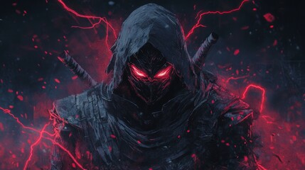 Mysterious figure with glowing eyes, masked with sword
