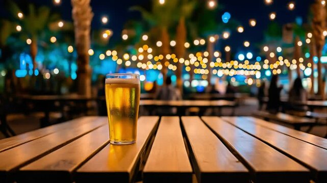 A chilled golden beer stands on a wooden table beneath twinkling patio lights at night. Concept of relaxed socializing and refreshing leisure.