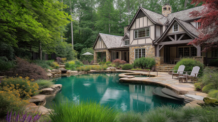 Obraz premium Charming tudor-style home with serene pool surrounded by lush greenery and stone pathway