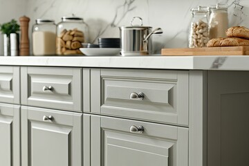 Modern kitchen cabinets with a marble countertop