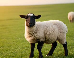 Obraz premium a cute baby sheep on a plain background with copy space, Muslim festival concept, Eid Ul Adha background, sacrifice of sheep, Islamic background with text space