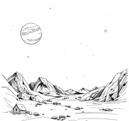 A black and white space scene with  in sketch style,