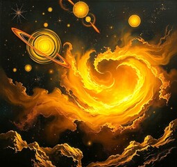 A gold space scene with  in oil painting style,