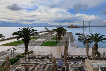 Nafplio Waterfront and Bourtzi Fortress Before the Storm. Greece.