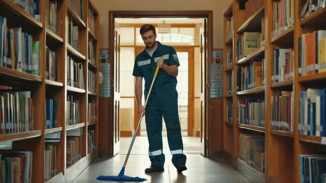A diligent caucasian male janitor mops the floor between tall bookshelves in a quiet library hallway. Concept of essential maintenance work and public facility cleanliness.