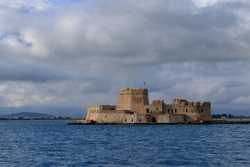 Bourtzi Fortress Under Dramatic Sky. Nafplio, Greece