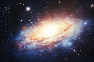 Fototapeta premium Vibrant spiral galaxy illuminated by bright core and surrounded by distant celestial bodies