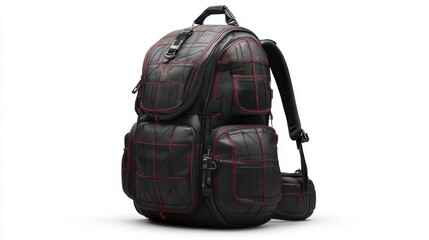 Naklejka premium Graphically designed black travel backpack with modern patterns, multiple compartments, and a sturdy handle, isolate on white background