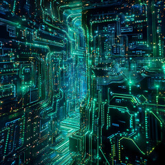 Fototapeta premium Isometric Digital World Electric Green Energy Flows Cyber Architecture Matrix-Like Environment Glowing Circuitry Tech Utopia Futuristic Urban Digital Dreamscape