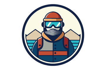 Vintage inspired a skier with goggles and winter jacket, surrounded by snow capped peaks in a retro emblem style