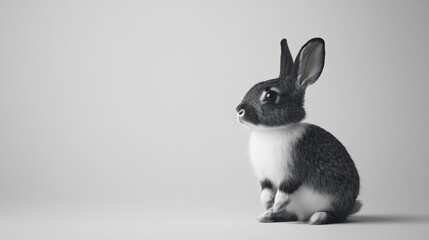 Obraz premium Adorable black-and-white rabbit, sitting calmly on a light cream minimalist backdrop 