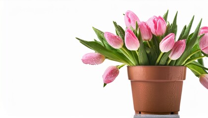 Obraz premium flower pot with pink tulips water drops isolated on white ba