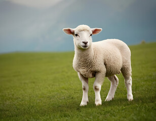 Obraz premium a cute baby sheep on a plain background with copy space, Muslim festival concept, Eid Ul Adha background, sacrifice of sheep, Islamic background with text space