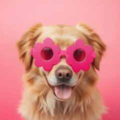 Dog with sunglasses against a vibrant pink background, fun and joyful vibe