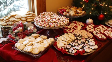 Fototapeta premium A festive display of Christmas cookies, adorned with festive decorations and various toppings.