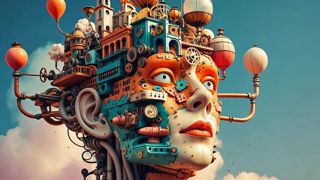 Surreal Steampunk Robotic Head with Mechanical Details, Buildings, and Hot Air Balloons in Fantasy Sky Setting