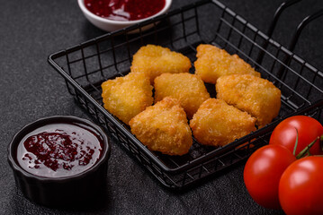 Fried mozzarella or brie cheese with cranberry or raspberry sauce
