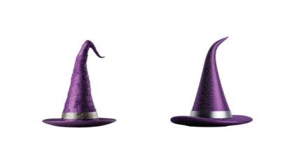 Two purple witch hats with silver bands in different styles and shapes in a neat arrangement