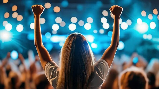 A young caucasian woman raises both fists in triumph amid dazzling blue stage lights at a crowded concert. Concept of collective euphoria and live music energy.