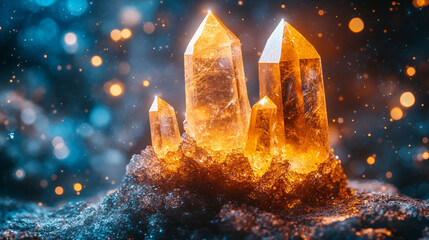 Crystals embedded in rugged rock symbolize raw rare earth elements in their natural state, representing untapped potential, technological foundations, and the power of Earth's hidden resources.

