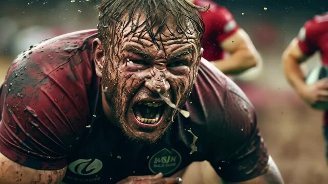 A rugby player experiences raw emotion and determination during a muddy match in the afternoon, showcasing the intense spirit of teamwork and competition on the field