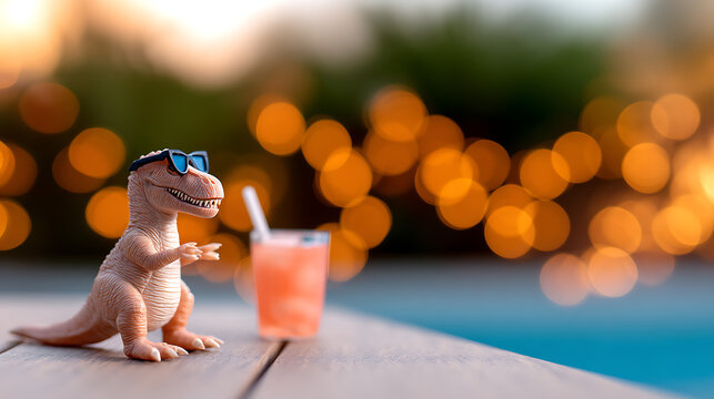 A joyful dinosaur sipping a cocktail and having a great time at a party
