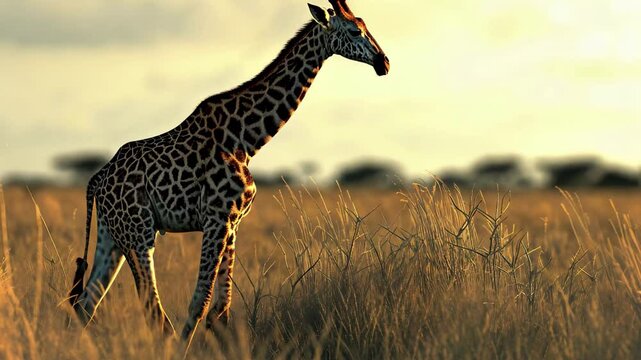 A giraffe walks gracefully through the golden savannah grasslands at sunset, showcasing its unique patterns and long legs in a tranquil wilderness environment
