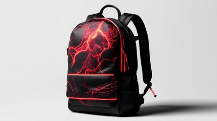 Black backpack with neon graphic designs, featuring adjustable shoulder straps and water-resistant material, isolate on white background