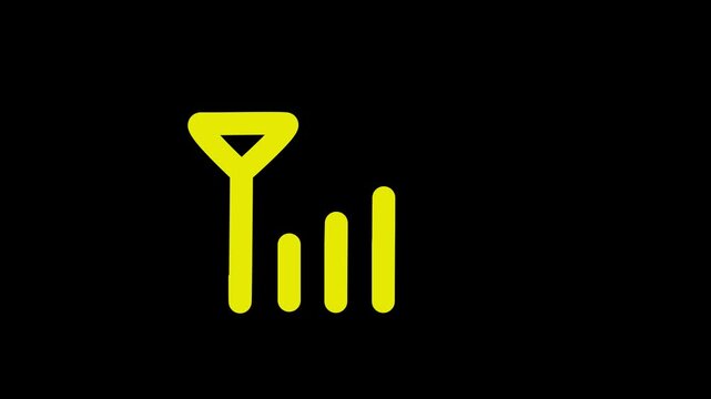 Mobile network tower signal strength in mobile, animated cellular signal bars progressing from weak signal strength to strong, loop, yellow color,