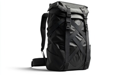 Naklejka premium Graphic black backpack with sharp triangular designs, adjustable padded straps, and spacious compartments, isolate on white background