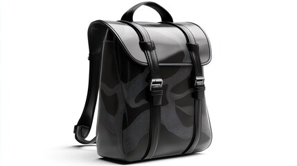 Fototapeta premium Contemporary black backpack with abstract digital graphic designs, smooth finish, and reflective accents, isolate on white background