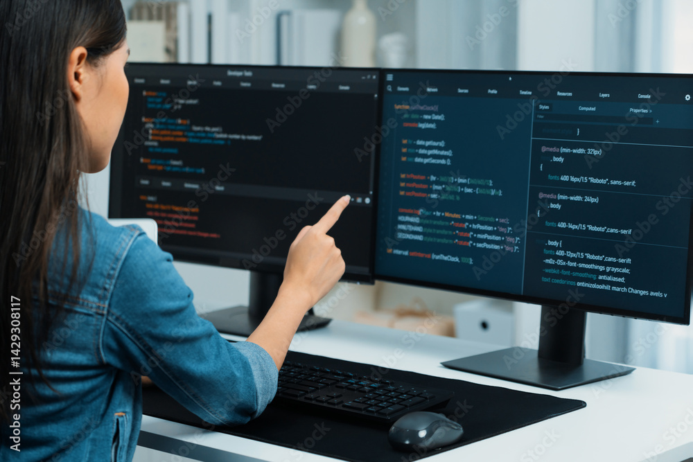 Poster young asian girl of it developer pointing online information on pc with coding program data applicat