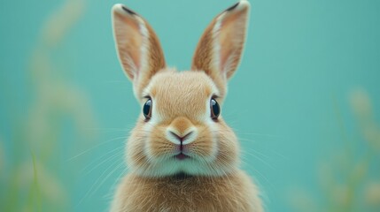 Obraz premium Adorable brown rabbit with gentle whiskers, centered on a light turquoise minimalist background