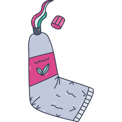 Lovely line cartoon twisted toothpaste tube with cap and squeezing paste from it. Funny hand drawn open toothpaste with mint leaves on label. Dentistry and tooth hygiene doodle isolated on background