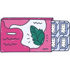 Lovely cartoon doodle of chewing gum pads in blister with mint flavor showing from bright packaging. Trendy hand drawn sugared bubble gum dragees for refreshing breath, teeth hygiene isolated.